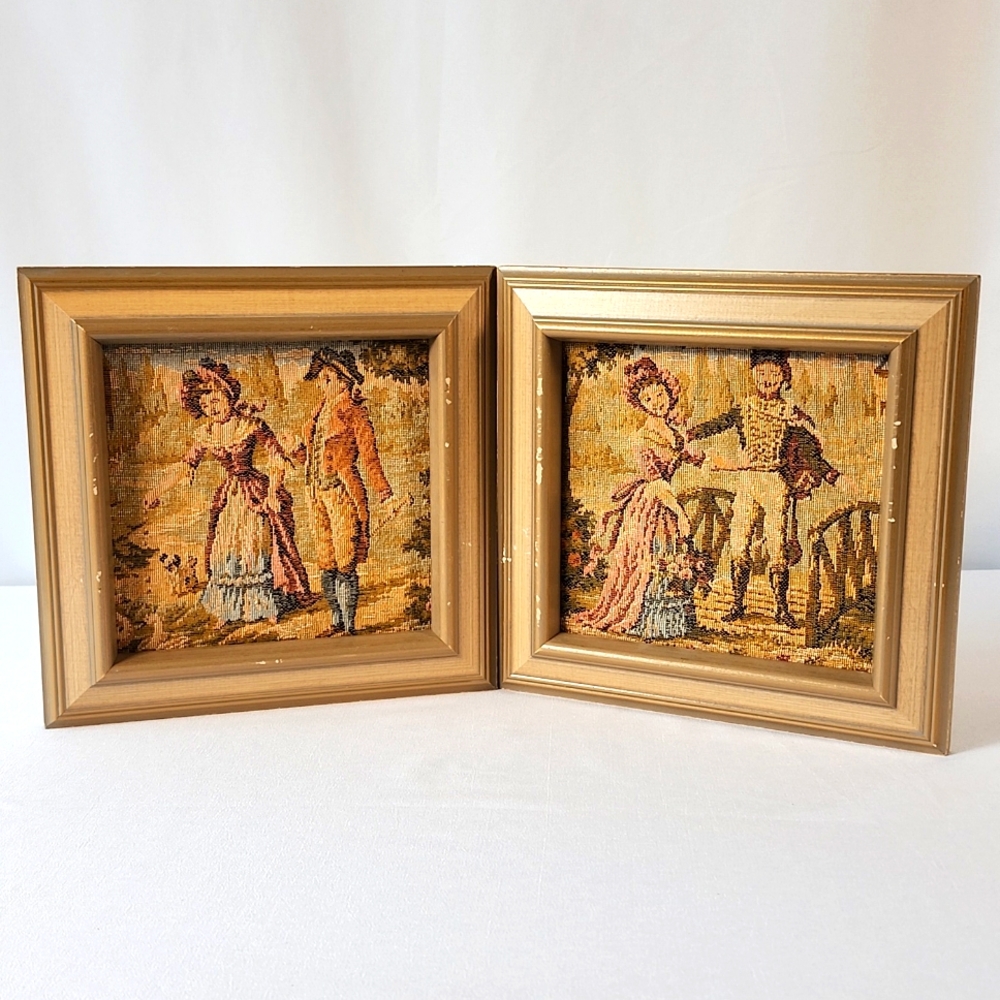 Vintage framed Embroidery Tapestry French Courtship Scene Galente Style France